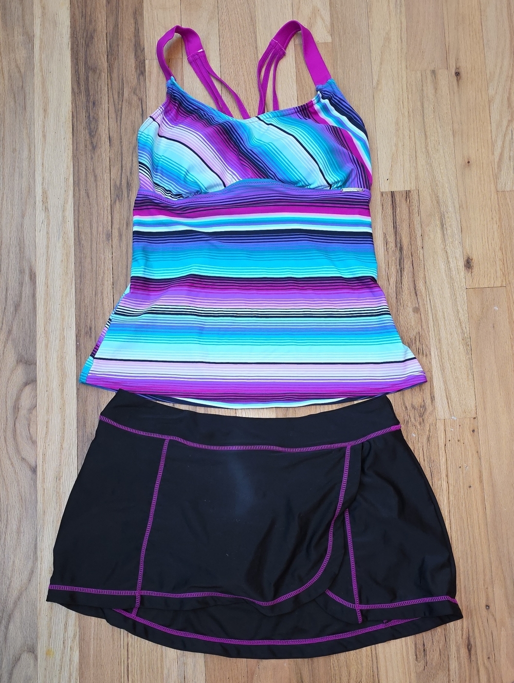 ZeroXposur Striped Hot Pink Teal Tankini Top with Black Swim Skort